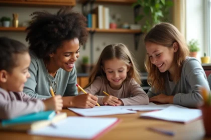 Élèves en classe à la maison avec un parent enseignant