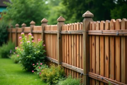 Clôture ganivelle en bois de châtaignier dans un jardin verdoyant