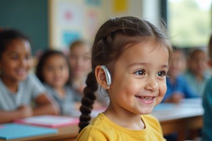 Appareil auditif pour enfant sur une table avec jouets colorés