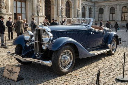 Voiture de collection exposée avec détails sur son historique et son état