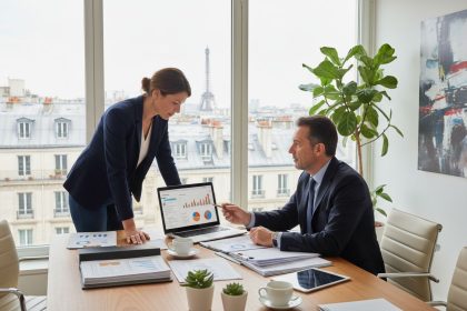 Un expert-comptable examinant des documents financiers dans un bureau parisien moderne