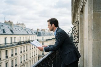Homme en costume sur un balcon haussmannien à Paris tenant un plan architectural, symbolisant l'achat réfléchi d'un bien immobilier haut de gamme