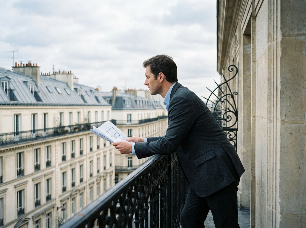Homme en costume sur un balcon haussmannien à Paris tenant un plan architectural, symbolisant l'achat réfléchi d'un bien immobilier haut de gamme