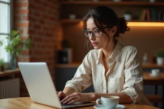 Femme cherchant des annonces immobilières ou de seconde main en Italie sur un site web depuis son appartement européen
