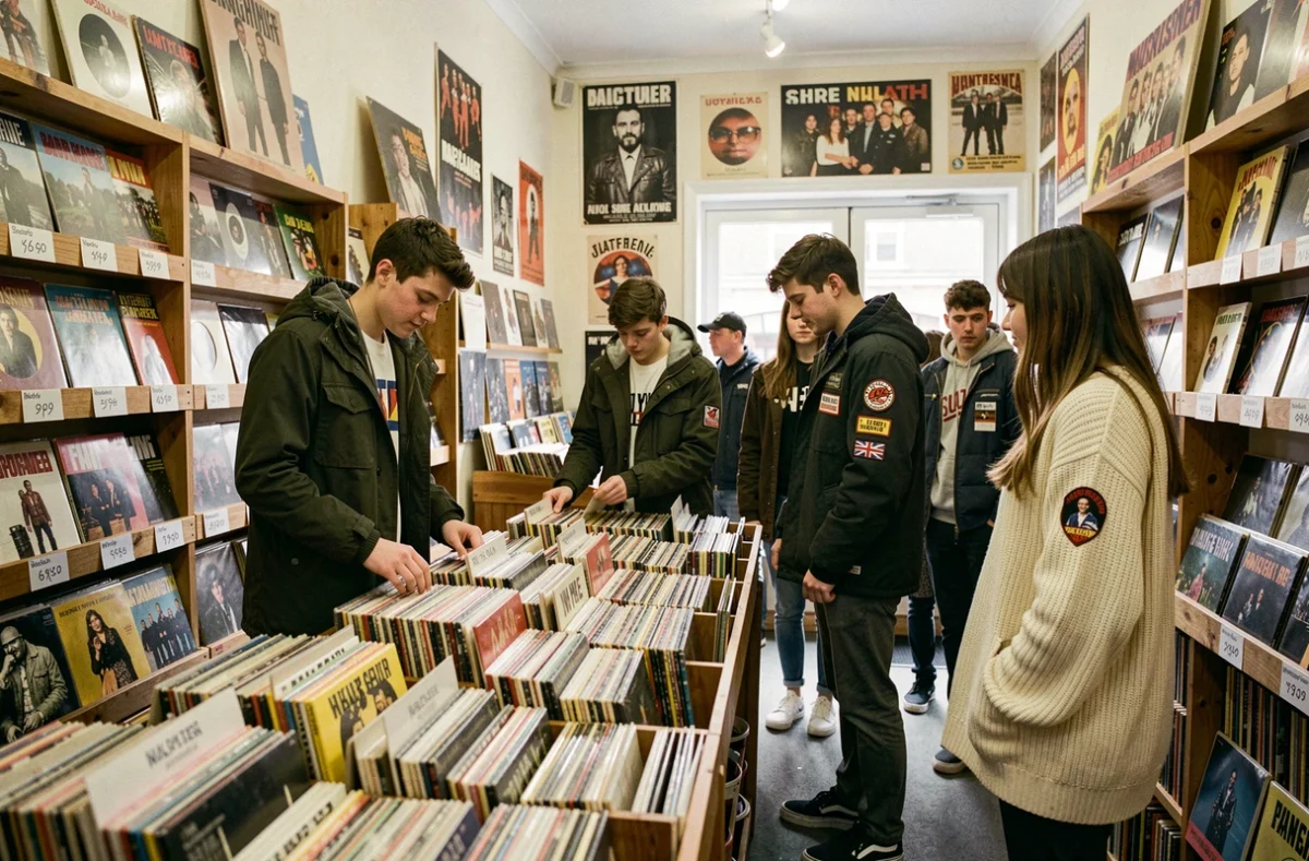 Adolescents aux styles inspirés des groupes anglais indie feuilletant des vinyles et des merchandises dans un disquaire indépendant à Manchester
