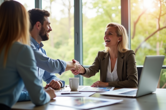 Agent immobilier souriant avec couple dans bureau lumineux