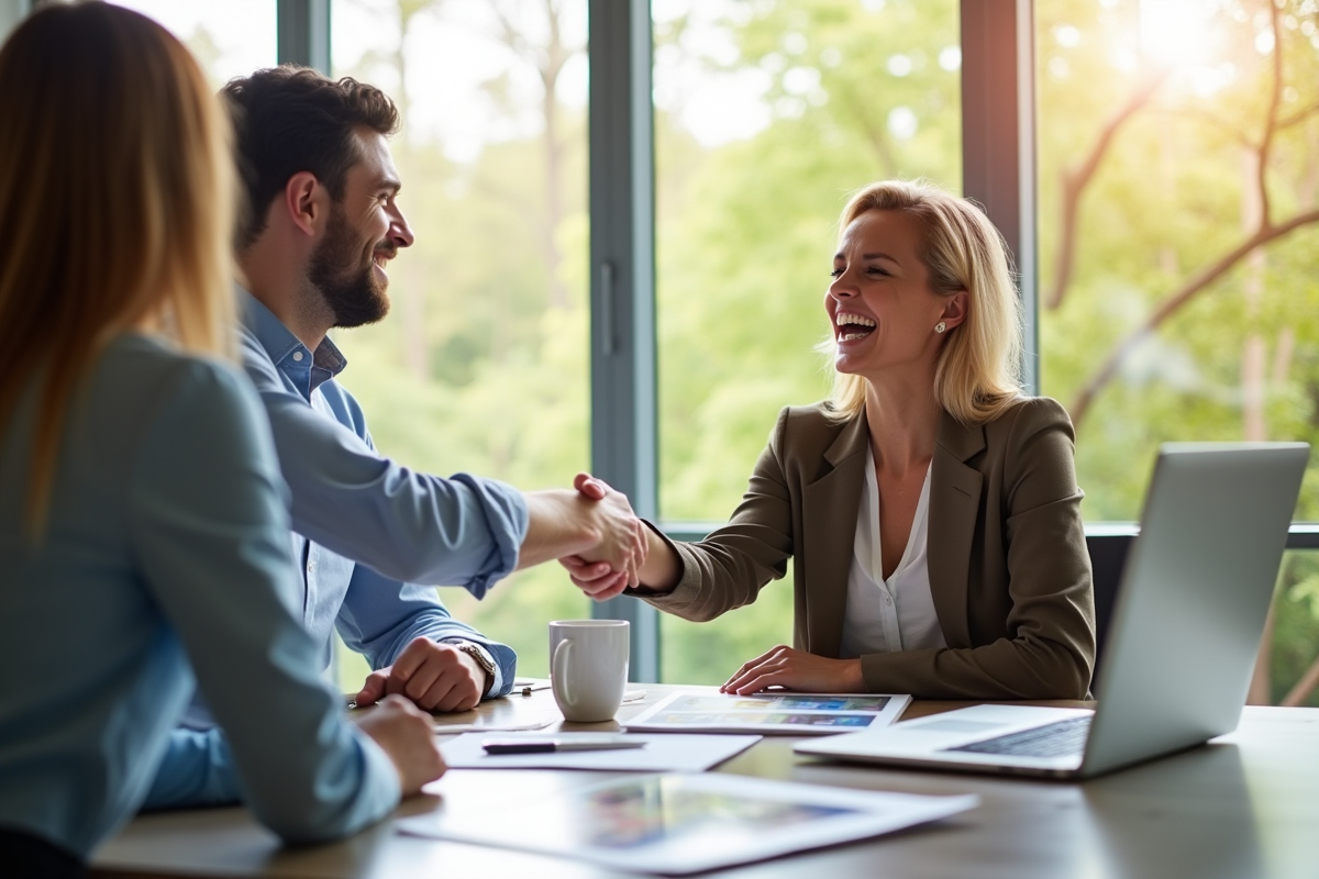 Agent immobilier souriant avec couple dans bureau lumineux
