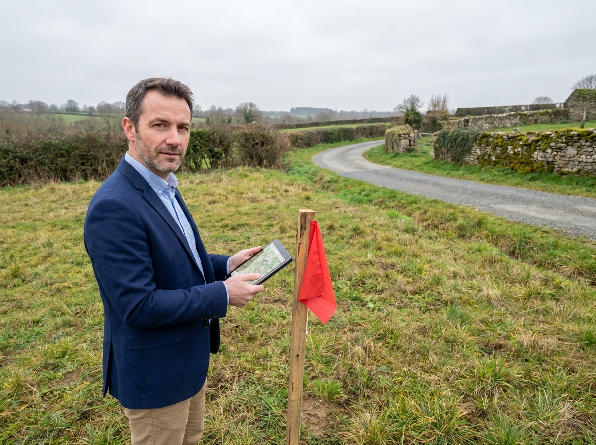 Agent immobilier présentant un terrain constructible à vendre près de Rennes avec des piquets de bornage