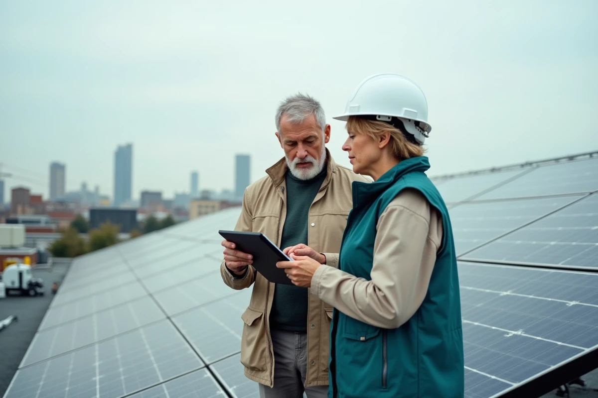 Deux agents de collectivité inspectant une installation de panneaux solaires sur le toit d'un bâtiment public avec une tablette de suivi de projet