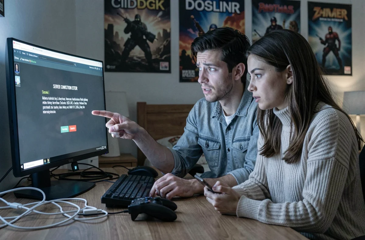 Deux amis adultes bloqués par une erreur de serveur sur un écran de jeu vidéo en ligne cherchant une solution ensemble
