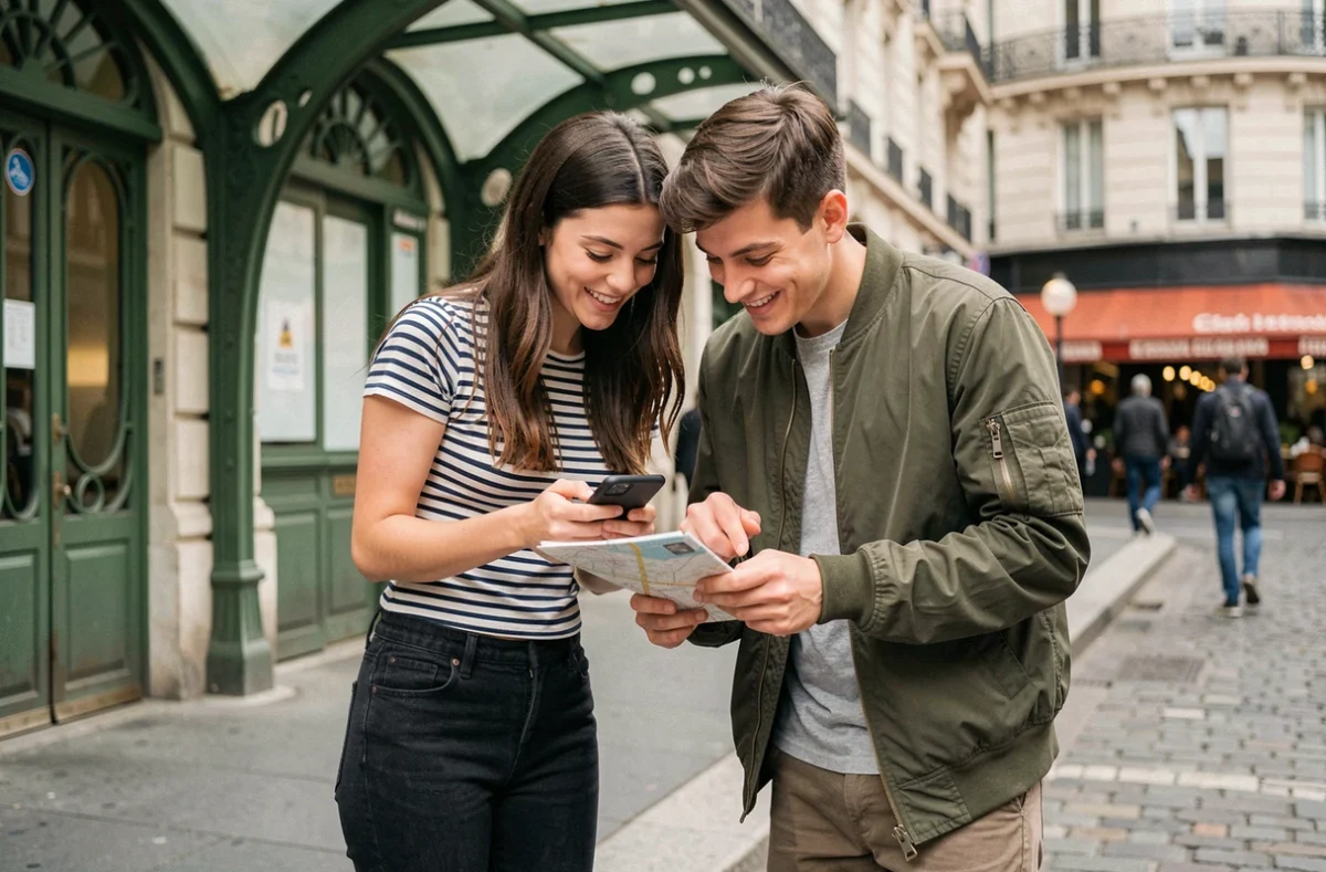Deux amis consultant ensemble un plan de métro Paris sur mobile devant une entrée de métro parisien