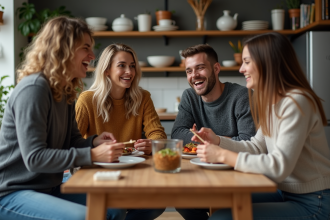 Quatre jeunes adultes partageant un repas convivial dans une cuisine moderne