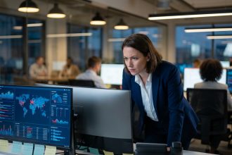 Analyste en cybersécurité scrutant des tableaux de bord d'alertes réseau sur deux écrans dans un bureau d'entreprise moderne