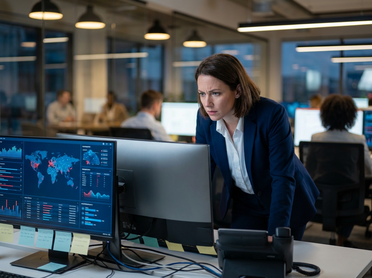 Analyste en cybersécurité scrutant des tableaux de bord d'alertes réseau sur deux écrans dans un bureau d'entreprise moderne