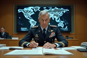Analyste militaire en uniforme étudiant des cartes topographiques dans une salle de briefing gouvernementale, illustration des enjeux stratégiques et défense nationale