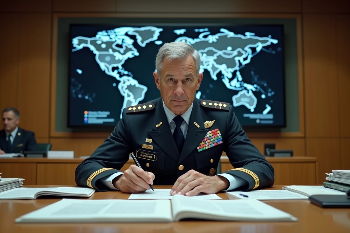 Analyste militaire en uniforme étudiant des cartes topographiques dans une salle de briefing gouvernementale, illustration des enjeux stratégiques et défense nationale