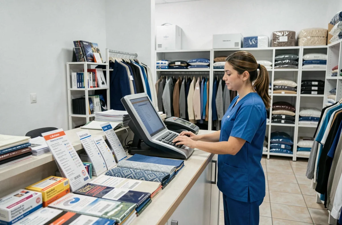 Employée d'Aquablue pressing à Calvisson enregistrant une commande client derrière un comptoir organisé