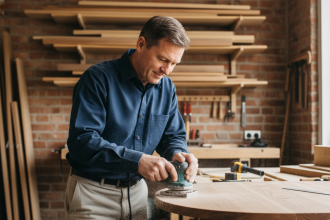 Homme d'âge moyen travaillant le bois dans un atelier