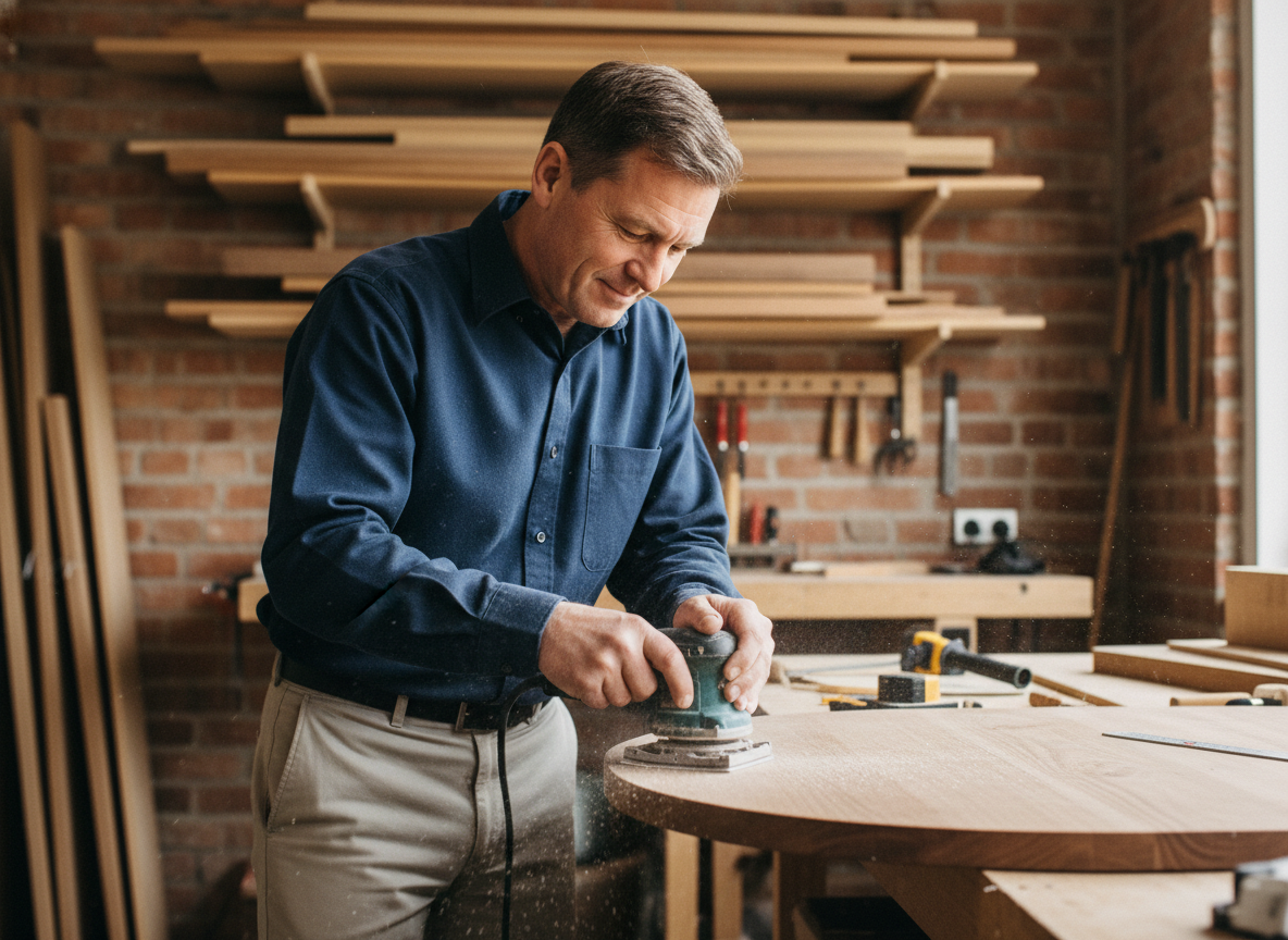Homme d'âge moyen travaillant le bois dans un atelier