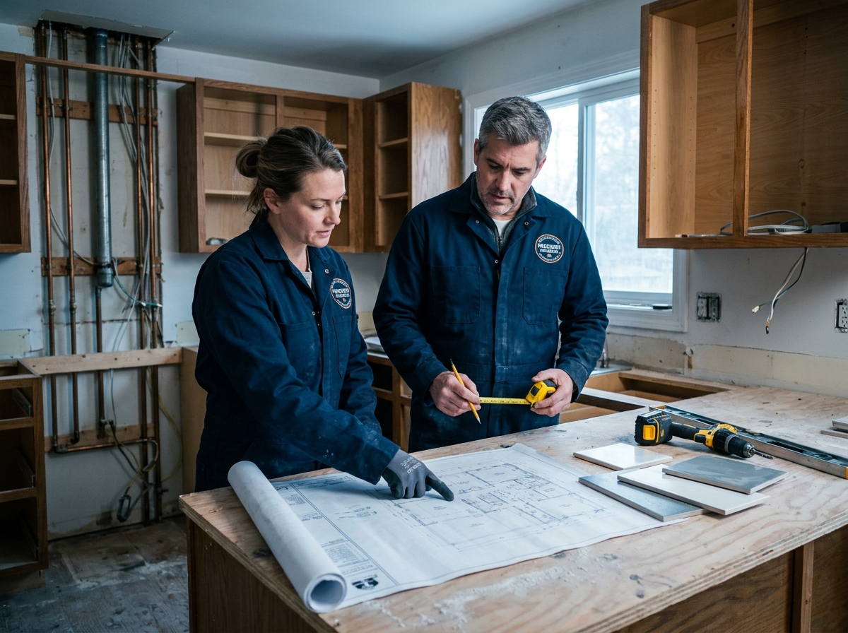 Deux artisans professionnels en uniforme qui examinent des plans de rénovation dans une cuisine en travaux