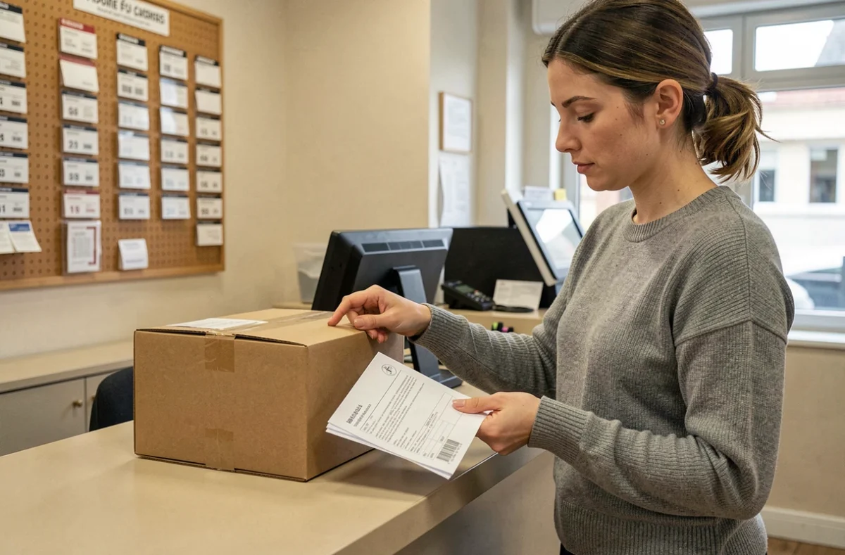 Femme déposant un colis à la poste et consultant une assurance d'envoi express 24h au guichet