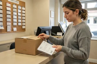 Femme déposant un colis à la poste et consultant une assurance d'envoi express 24h au guichet