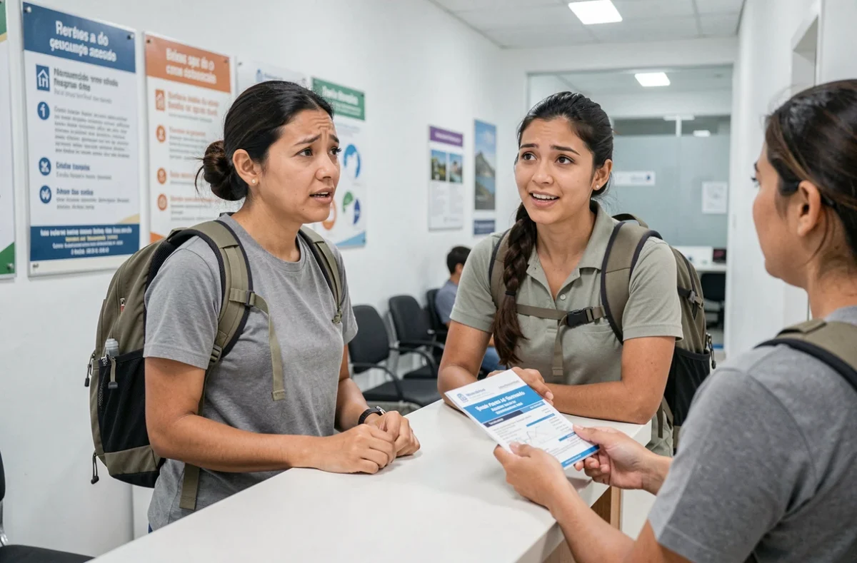 Couple de voyageurs présentant leur assurance voyage à la réception d'une clinique médicale en Colombie