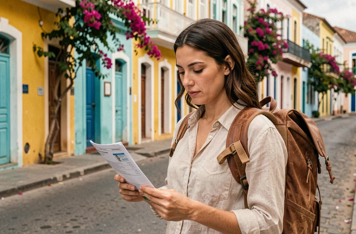 Voyageuse consultant son assurance voyage devant les façades colorées de Carthagène en Colombie