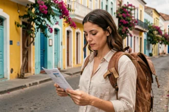 Voyageuse consultant son assurance voyage devant les façades colorées de Carthagène en Colombie