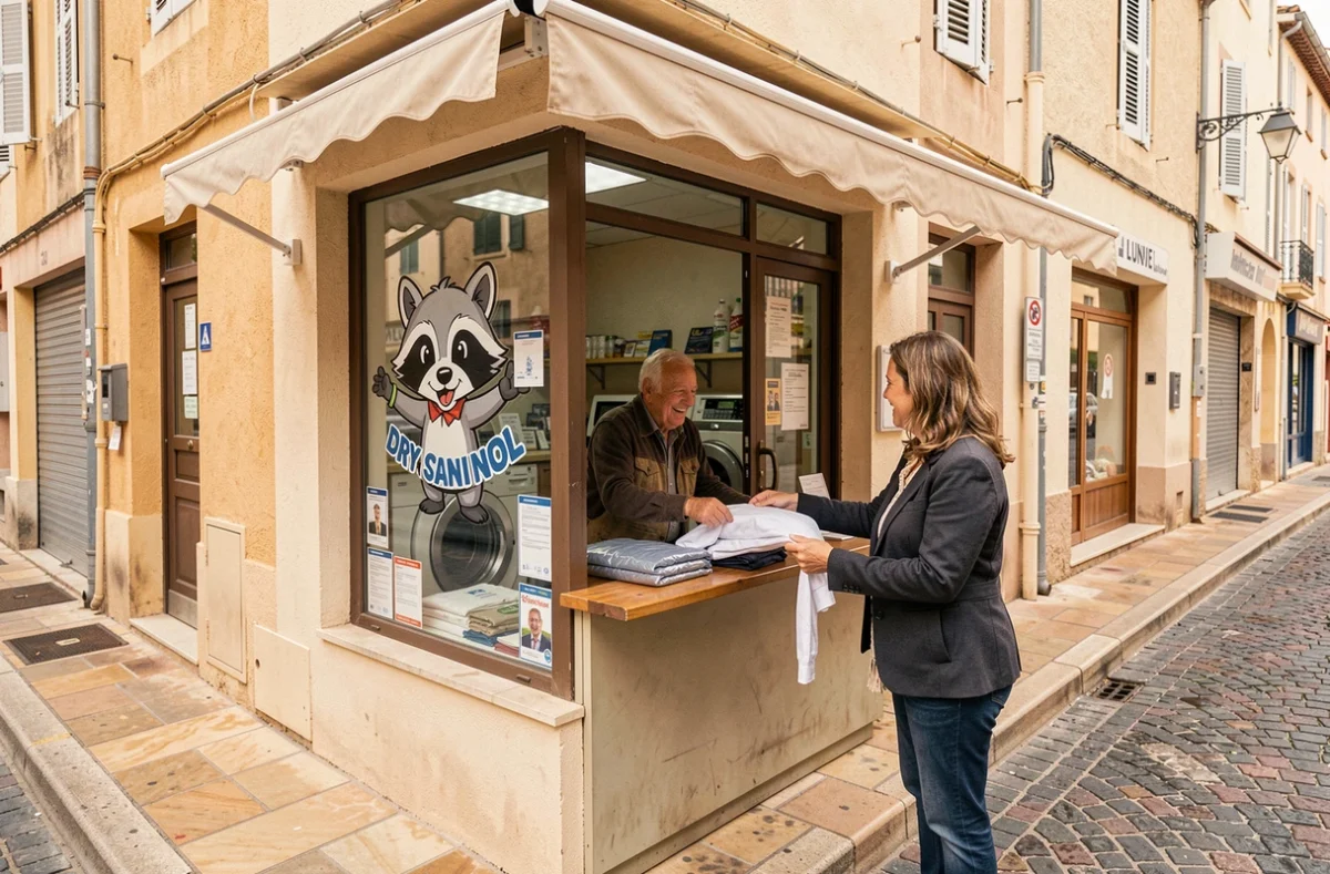 Propriétaire du pressing Au Raton Laveur à Lunel remettant un vêtement emballé à un client de proximité