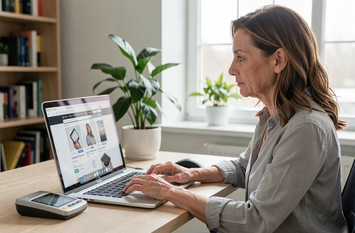 Femme consultant un avis en ligne sur un dynamomètre depuis son bureau à domicile
