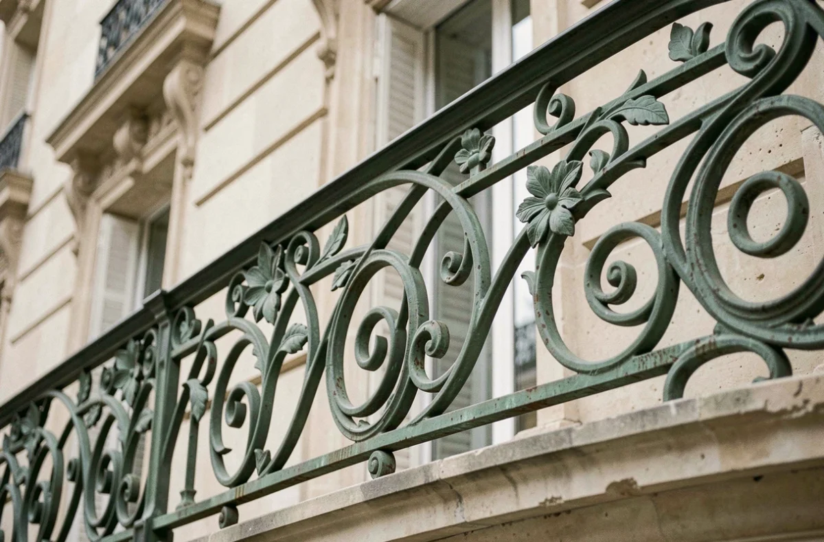 Balcon en fer forgé Art nouveau à Paris avec motifs floraux organiques et courbes sinueuses sur façade haussmannienne en pierre