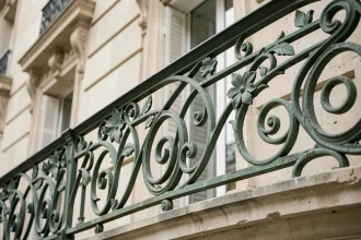 Balcon en fer forgé Art nouveau à Paris avec motifs floraux organiques et courbes sinueuses sur façade haussmannienne en pierre