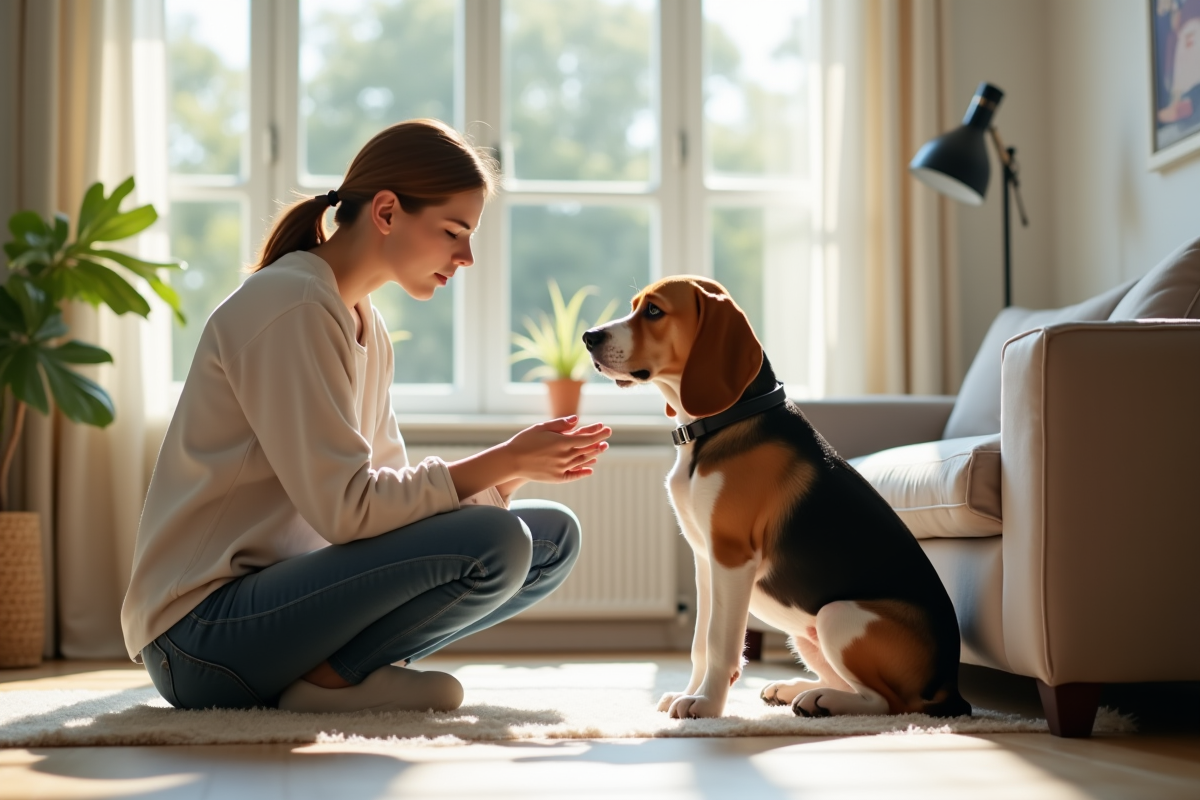 Un beagle assis à côté d une femme dans un salon lumineux