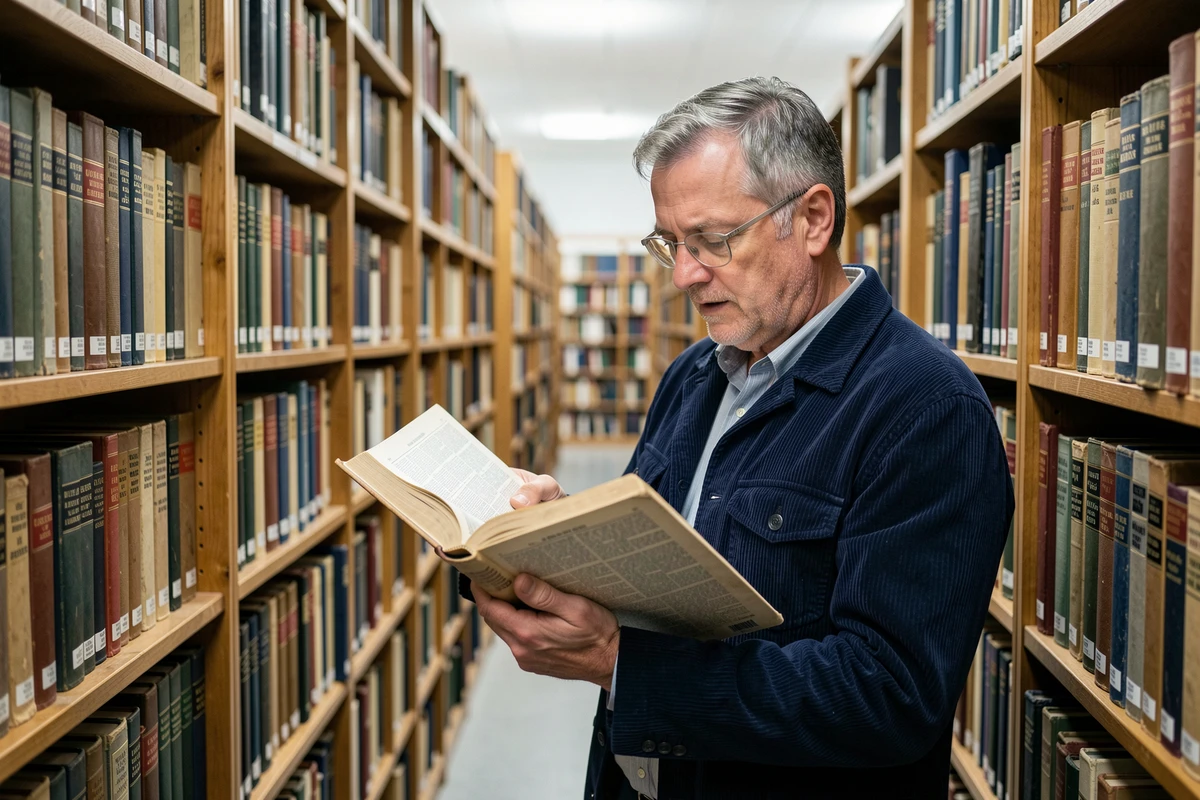 Bibliothécaire consultant un dictionnaire français dans une bibliothèque publique aux rayonnages remplis d'ouvrages de référence