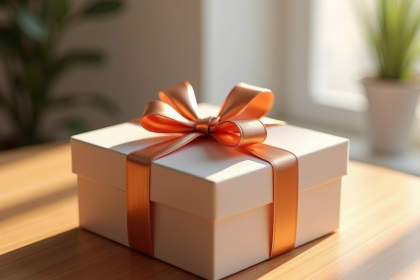 Boîte cadeau élégante avec ruban cuivre sur table en bois