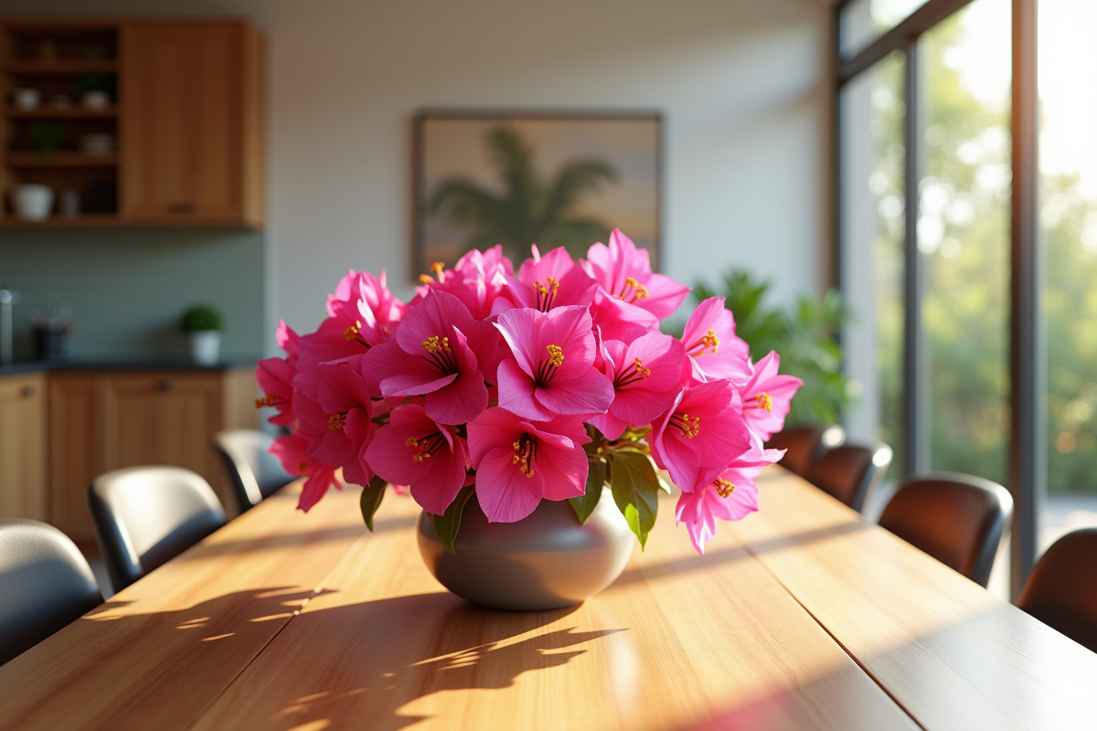 Bougainvillea rose vif sur une table en bois lumineuse