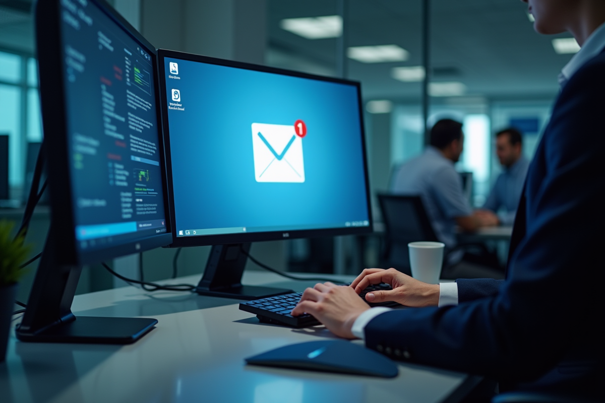 Bureau avec moniteur affichant une messagerie professionnelle en gros plan