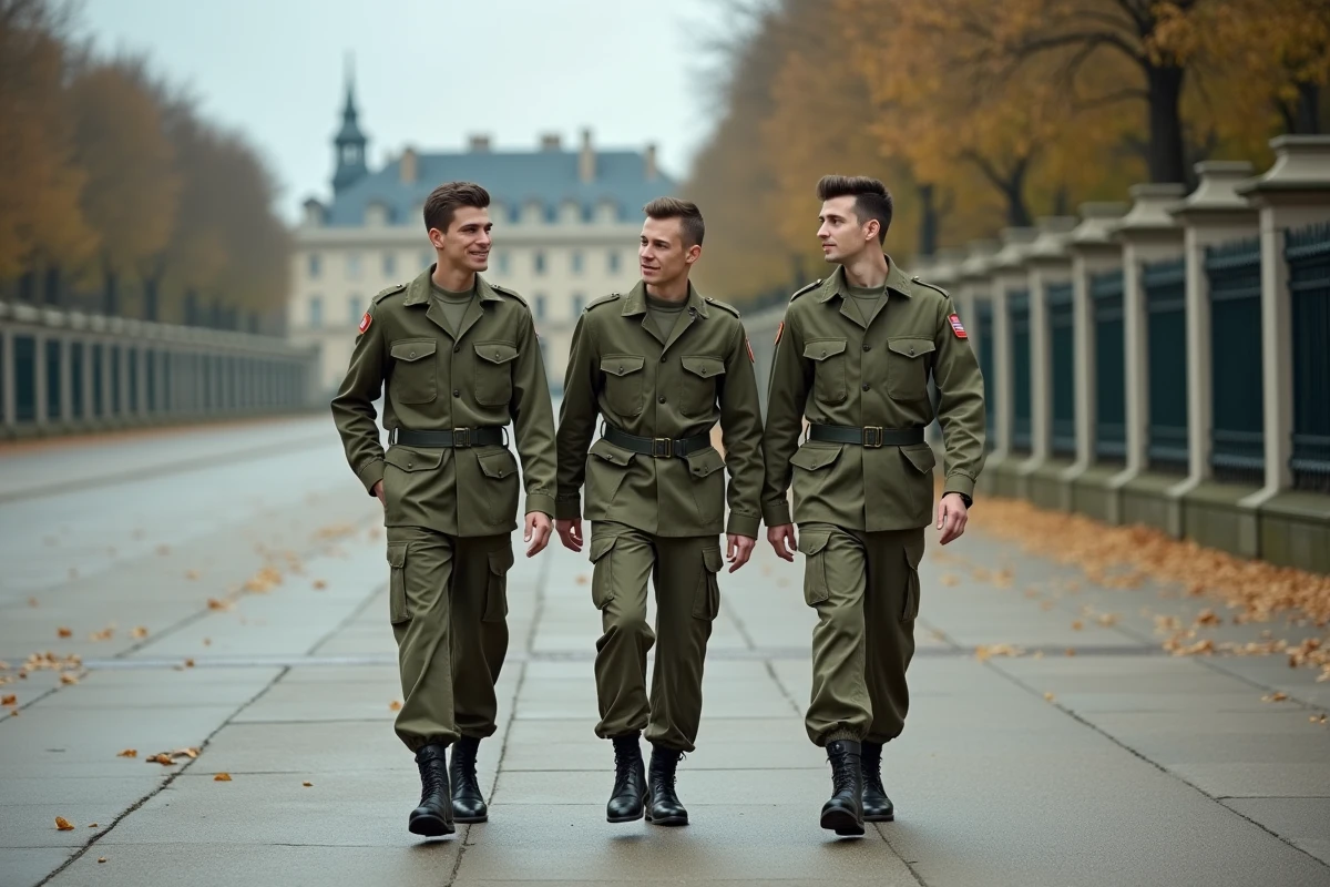 Cadets officiers français marchant sur une place d'armes d'académie militaire en automne lors de leur formation initiale