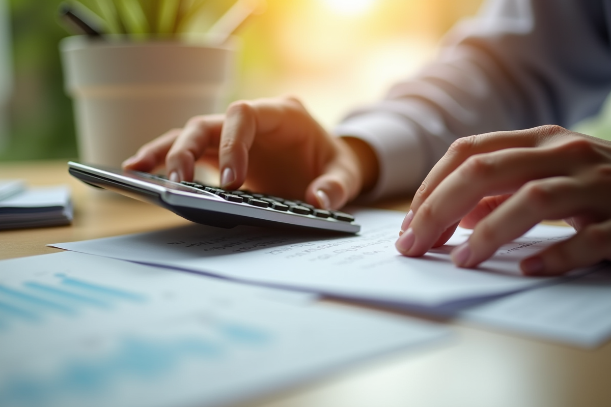 Mains calculant des finances avec documents et calculatrice sur un bureau en bois