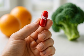 Photo d'une capsule de vitamine B12 avec oranges et brocolis en arrière-plan