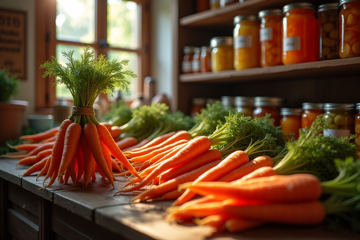 Carottes conservées en bocaux dans une vieille cave avec lumière naturelle
