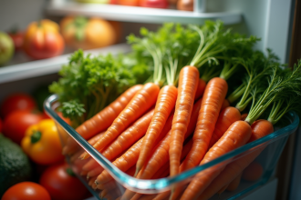 Carottes fraîches dans un réfrigérateur moderne avec autres légumes