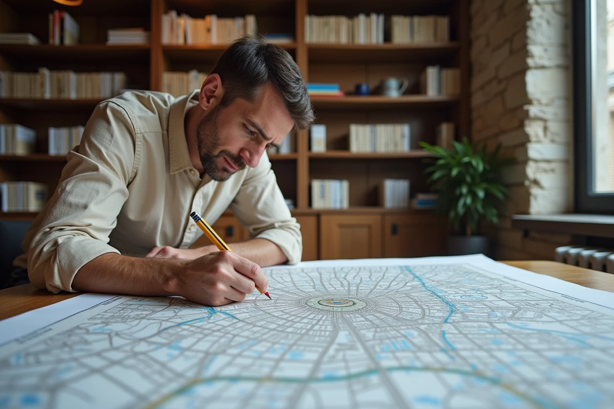 Homme étudiant une carte détaillée des arrondissements de Paris avec annotations sur les zones administratives