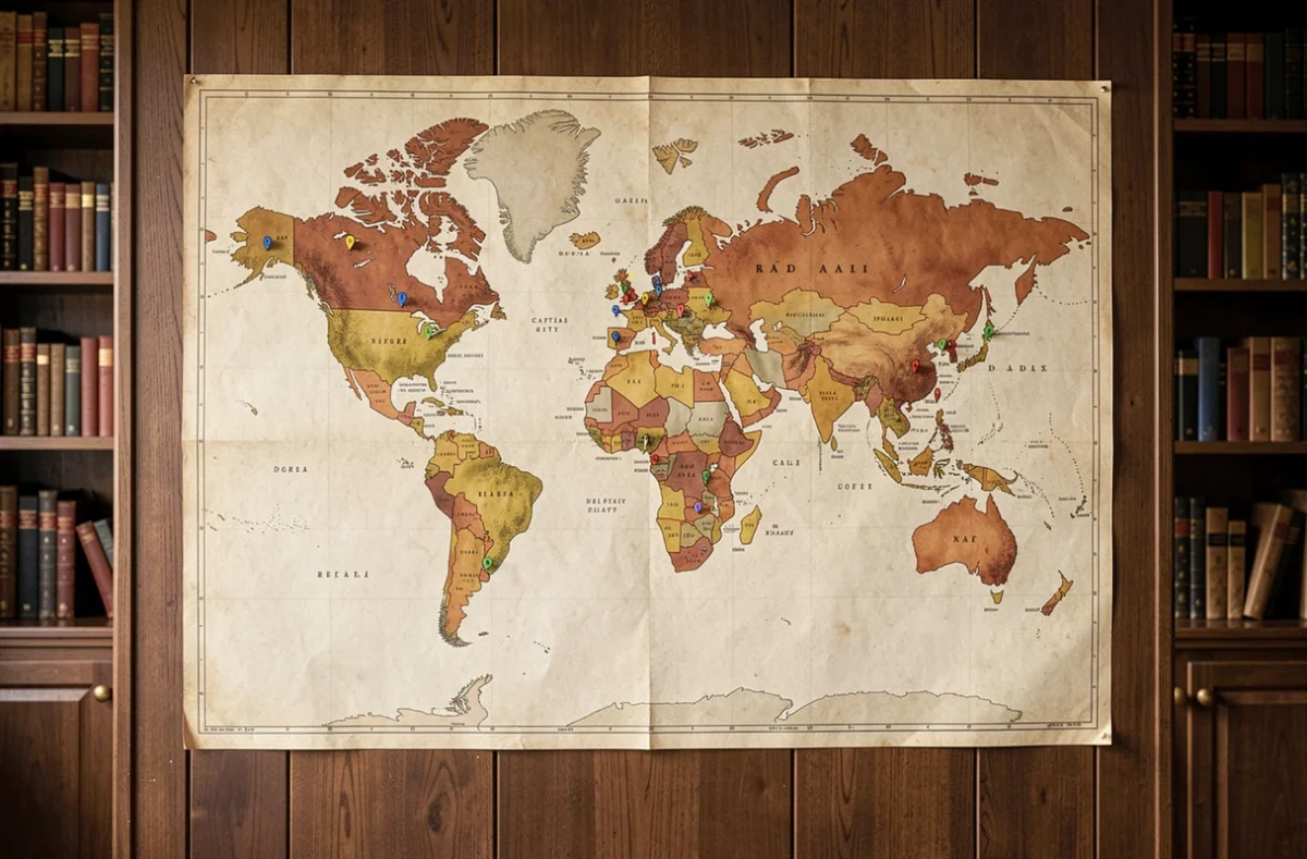 Carte murale des pays hispanophones avec capitales marquées par des épingles colorées dans un bureau vintage