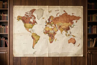Carte murale des pays hispanophones avec capitales marquées par des épingles colorées dans un bureau vintage