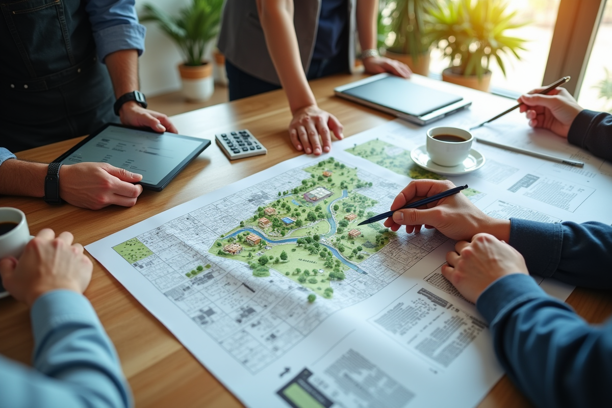 Vue de dessus d une table avec cartes urbaines et plans pour le titre