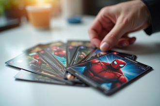Main tenant des cartes Marvel rares en lumière naturelle