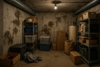 Photo hyperrealiste d'une cave moderne humide avec désordre et murs moisis