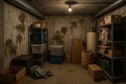 Photo hyperrealiste d'une cave moderne humide avec désordre et murs moisis